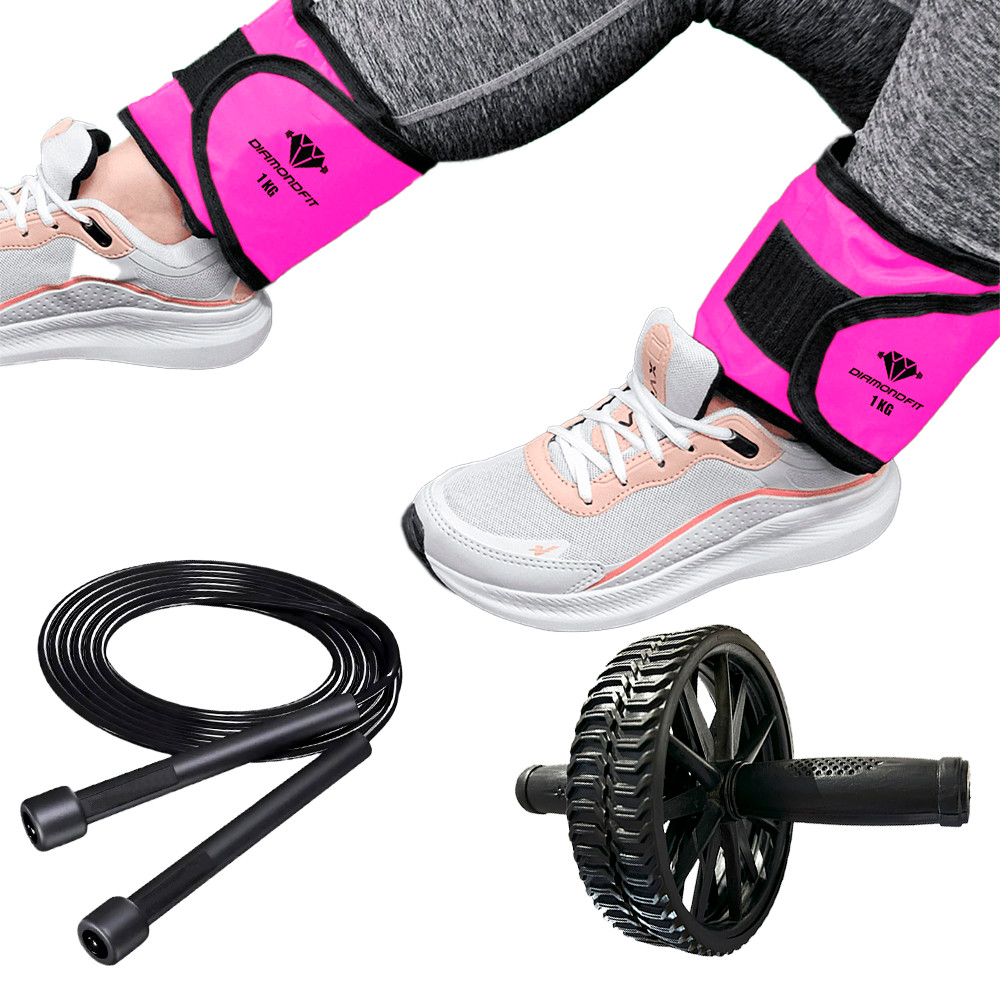 Par de Caneleiras Peso Profissional Corda De Pular Ajustável Roda Exercício Abdominal Fitness Rosa
