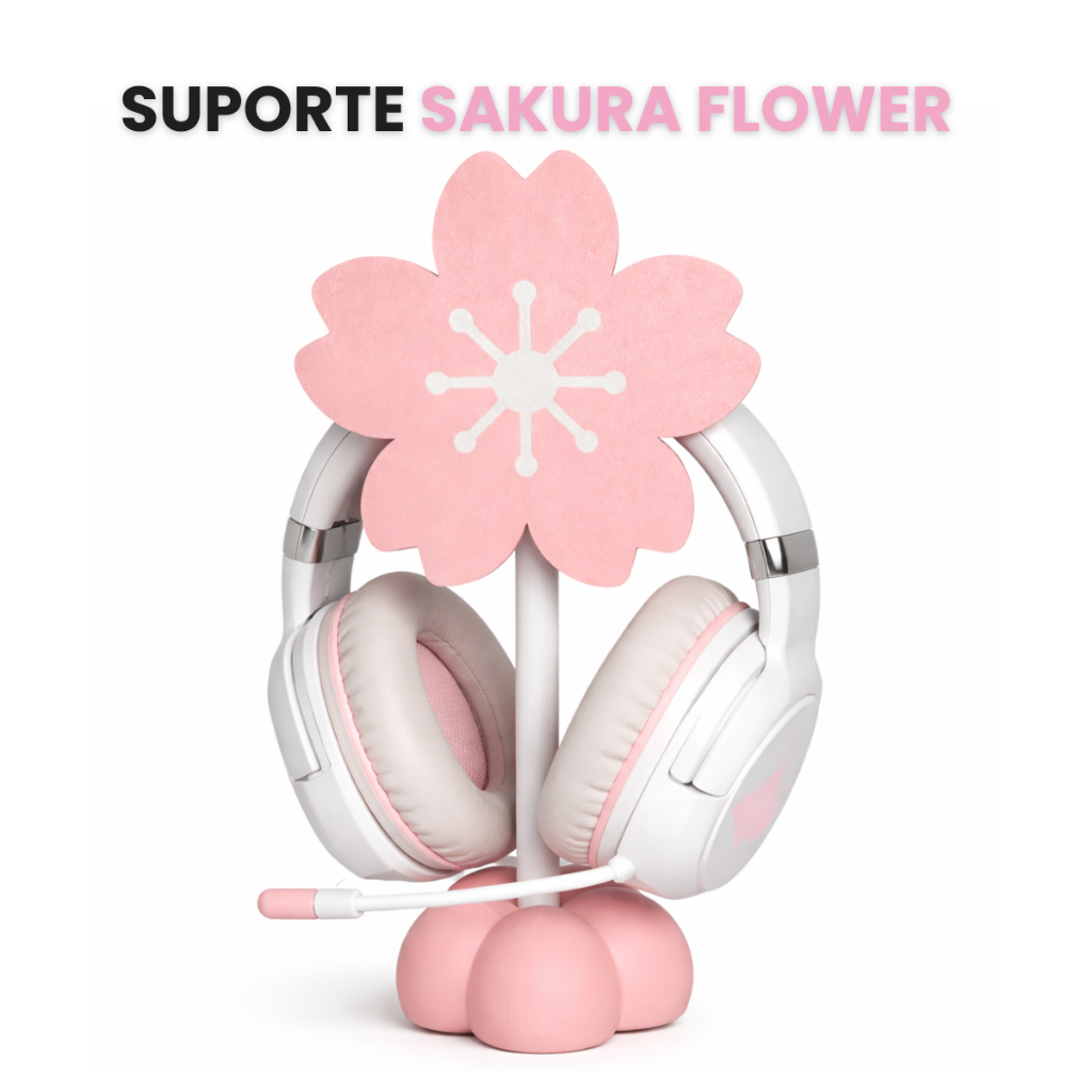 Suporte de Headset Sakura Flower Decoracao Kawaii Organizacao Mesa Setup Fofo Cute Fone de Ouvido