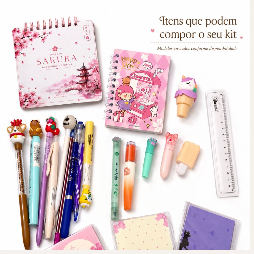 Kit Essencial Papelaria Fofa 10 Itens com Estojo Kawaii Sakura Candy Coquette Pet Anime Cute + Brinde