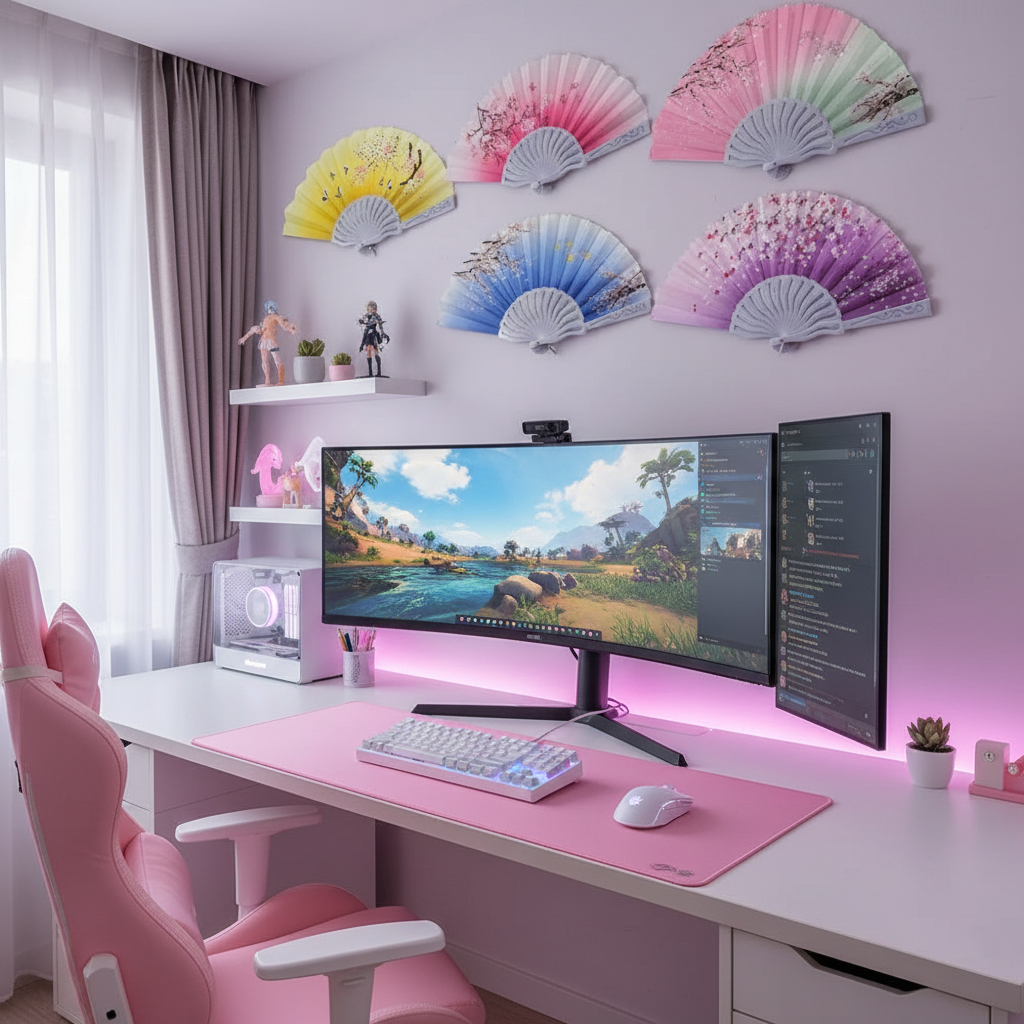 Leque Decorativo Sakura Flower para Setup Gamer Cute Kawaii para Decoração