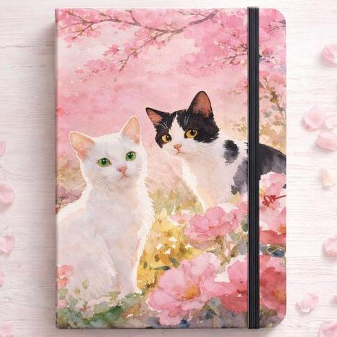 Caderno A5 Gatos e Flores Sakura | Caderno Cute Aesthetic com Elástico - 21x14 - 80 folhas