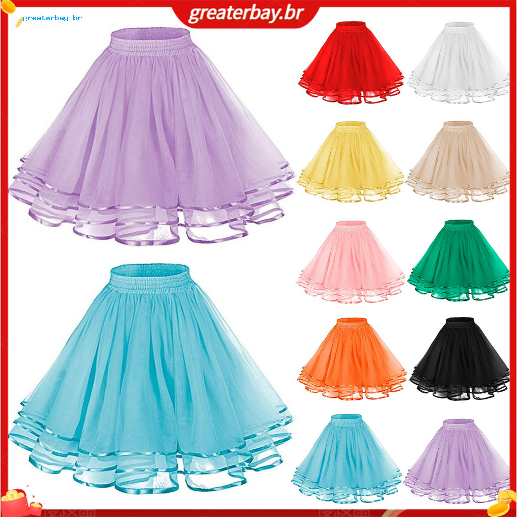 Mesh Tulle Skirt Women Elastic Waistband Solid Color Three-layered Knee-length Princess for Weddings Parties Cosplay Dre