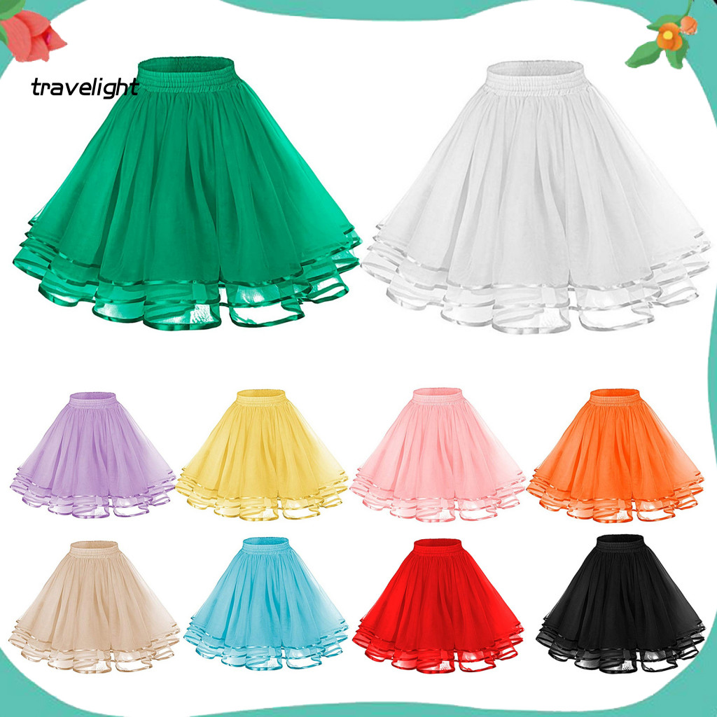 Women Three-layer Tulle Skirt Mesh with Elastic Waistband Solid Color Three-layered Knee-length Princess for Weddings Pa