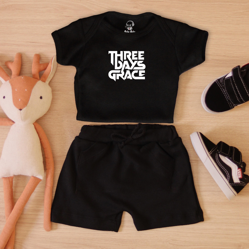 Conjunto Body Manga Curta e Shorts Saruel de Rock Bebê Three Days Grace Logo 100% Algodão
