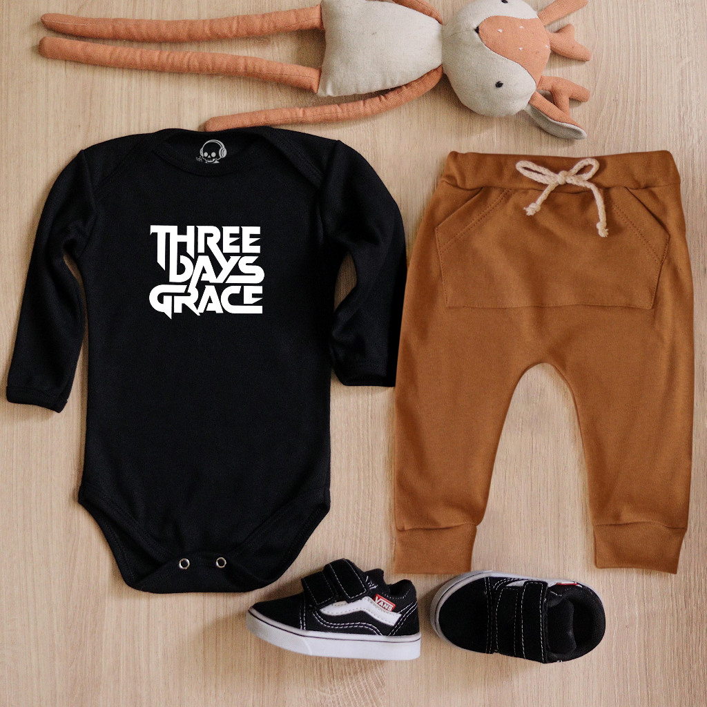 Conjunto Body Manga Longa e Calça Saruel Caramelo de Rock Bebê Three Days Grace 100% Algodão