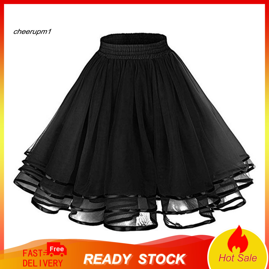Tulle Skirt with Elastic Waist Lightweight Mesh Women Waistband Solid Color Three-layered Knee-length Princess for Weddi