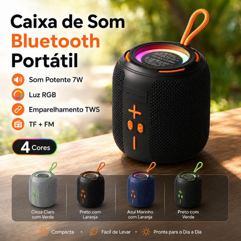 Alto-Falante Portátil Bluetooth 7W Poderoso Baixo RGB Luz TWS IPX4 Resistente À Água Rádio FM Cartão TF