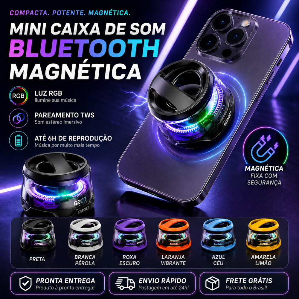 Mini Alto-Falante Magnético Bluetooth RGB Light TWS Estéreo BT 5.3 6H Playtime Para Uso Externo