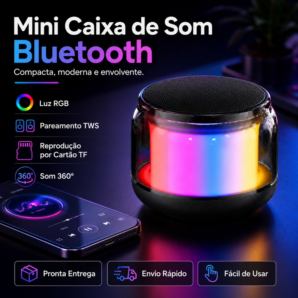 Mini Alto-Falante Bluetooth Portátil Com Luz RGB , Estéreo TWS , 360 ° Som , Baixo De 5 W E Cartão TF