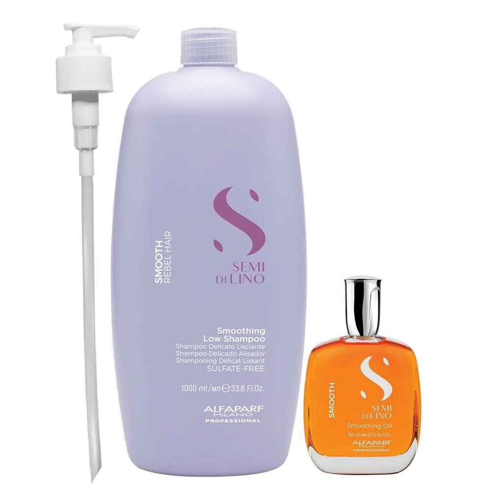 Kit Alfaparf Professional Semi Di Lino Smooth Smoothing - Shampoo 1L e Óleo 100ml + Vàlvula Pump