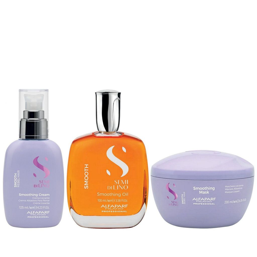 Kit Alfaparf Professional Semi Di Lino Smooth Smoothing - Máscara 200ml + Cream Leave-In 125ml + Óleo 100ml