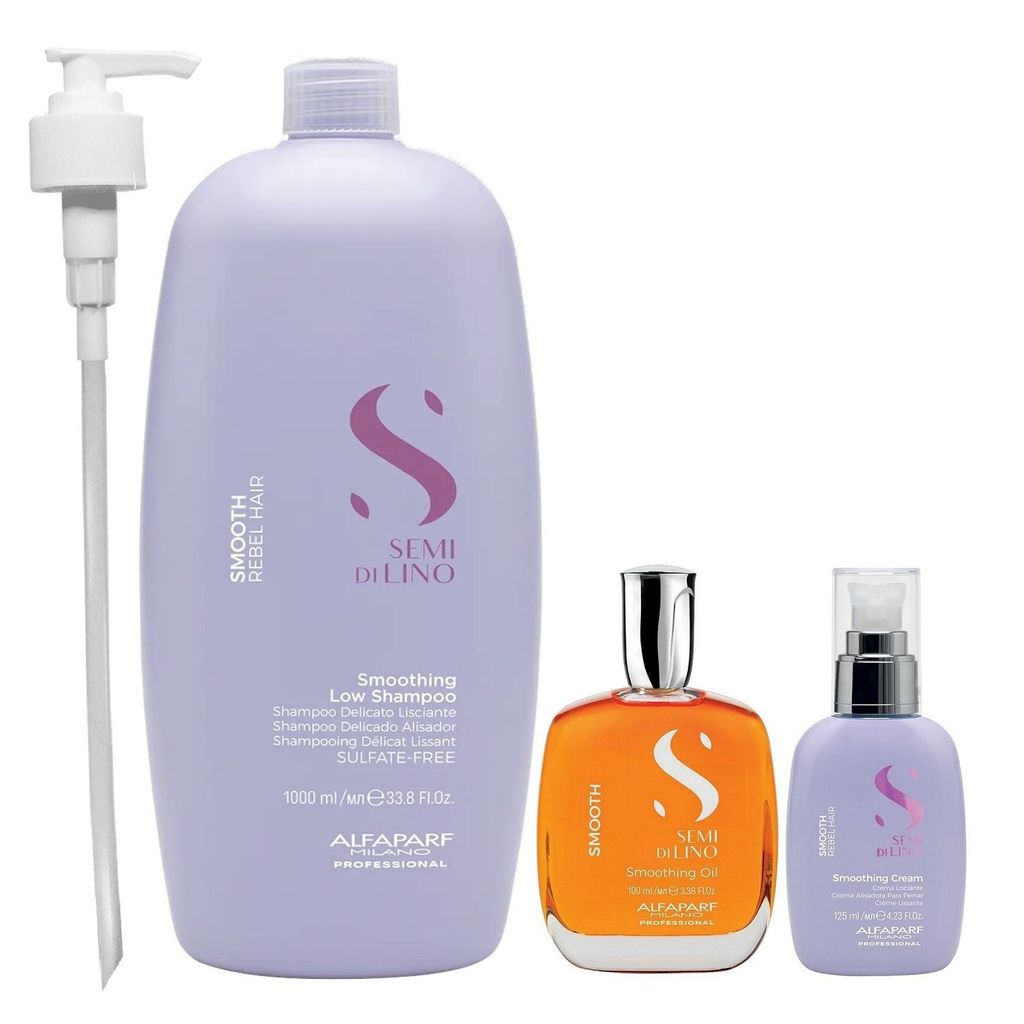 Kit Alfaparf Professional Semi Di Lino Smooth Smoothing - Shampoo 1L + Óleo 100ml + Cream Leave-In 125ml + Válvula Pump