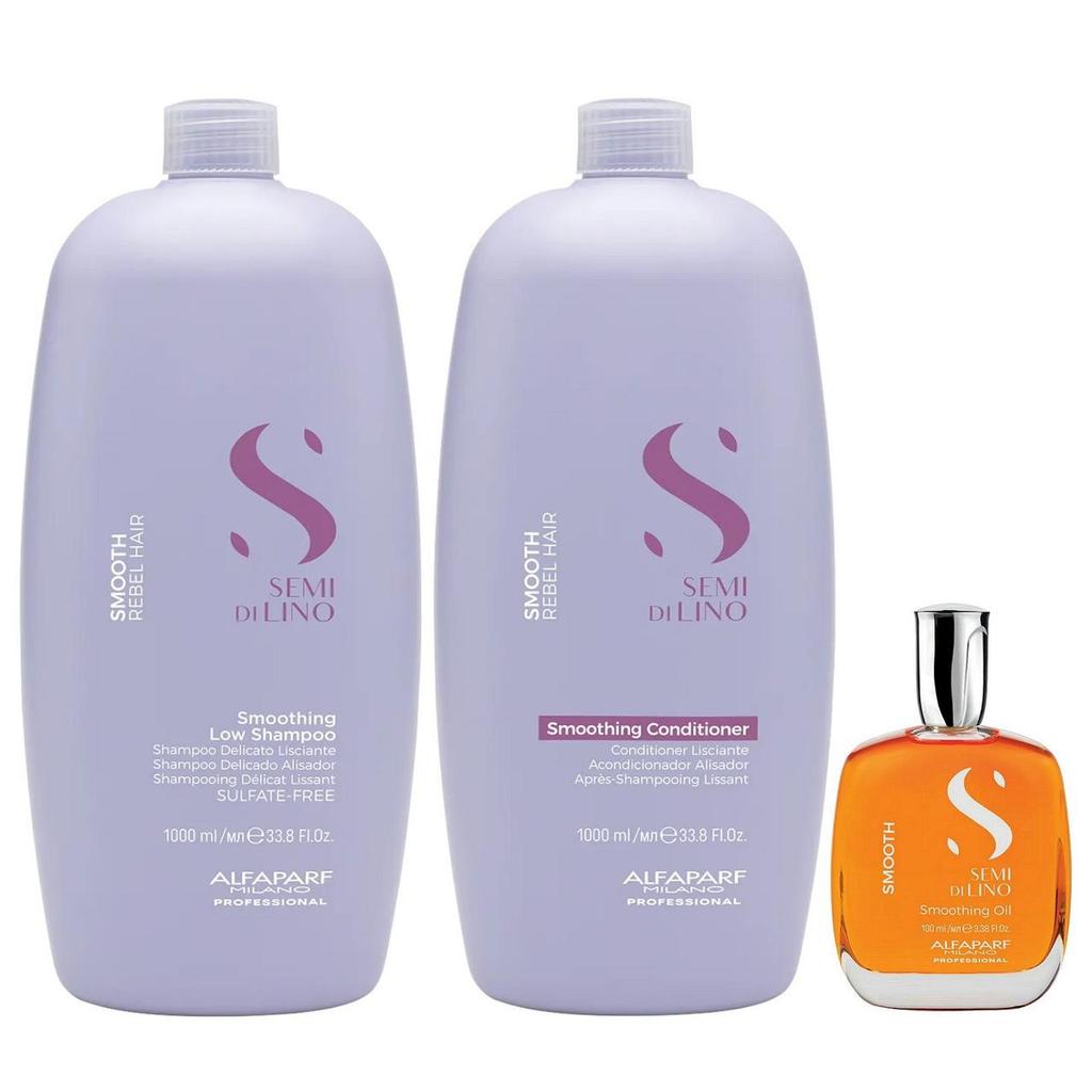 Kit Alfaparf Professional Semi Di Lino Smooth Smoothing - Shampoo & Condicionador 1 Litro + Óleo 100ml