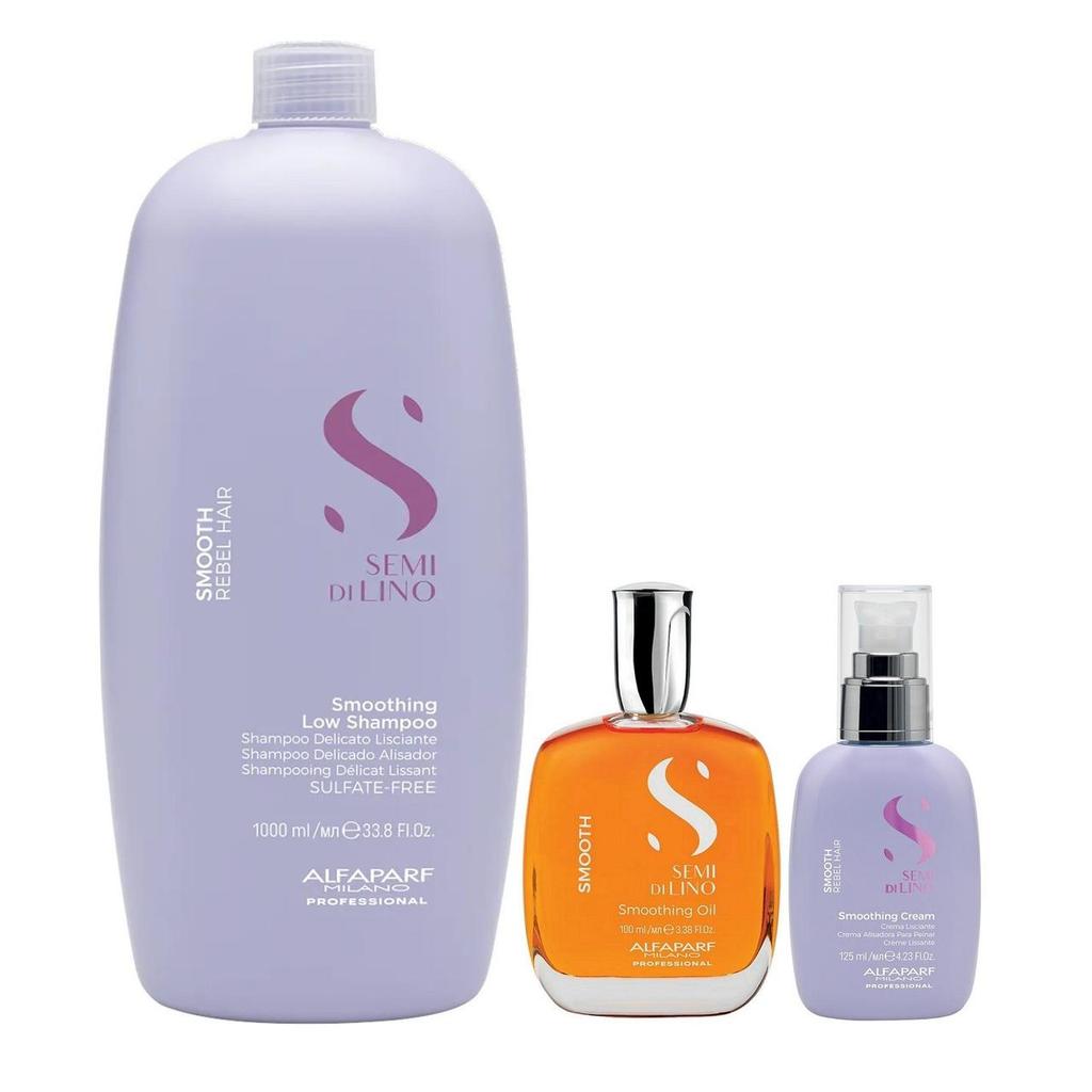 Kit Alfaparf Professional Semi Di Lino Smooth Smoothing - Shampoo 1L + Óleo 100ml + Cream Leave-In 125ml