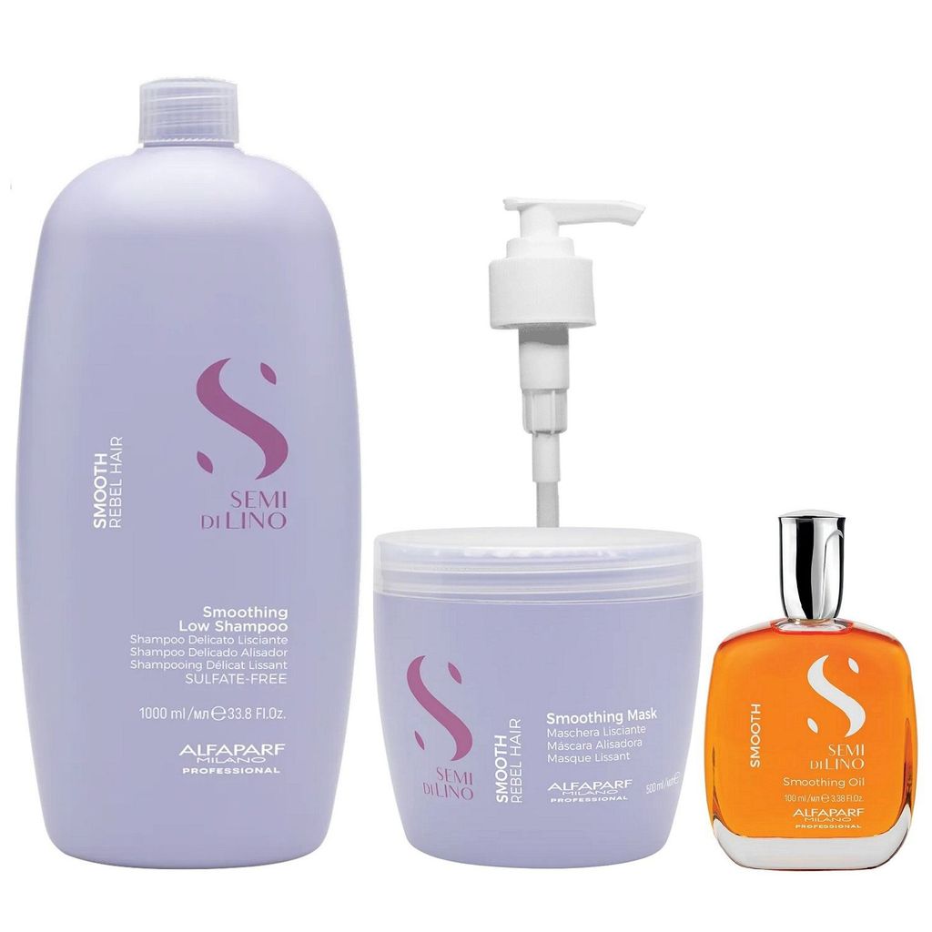 Kit Alfaparf Professional Semi Di Lino Smooth Smoothing - Shampoo 1L + Máscara 500ml + Óleo 100ml + Válvula Pump