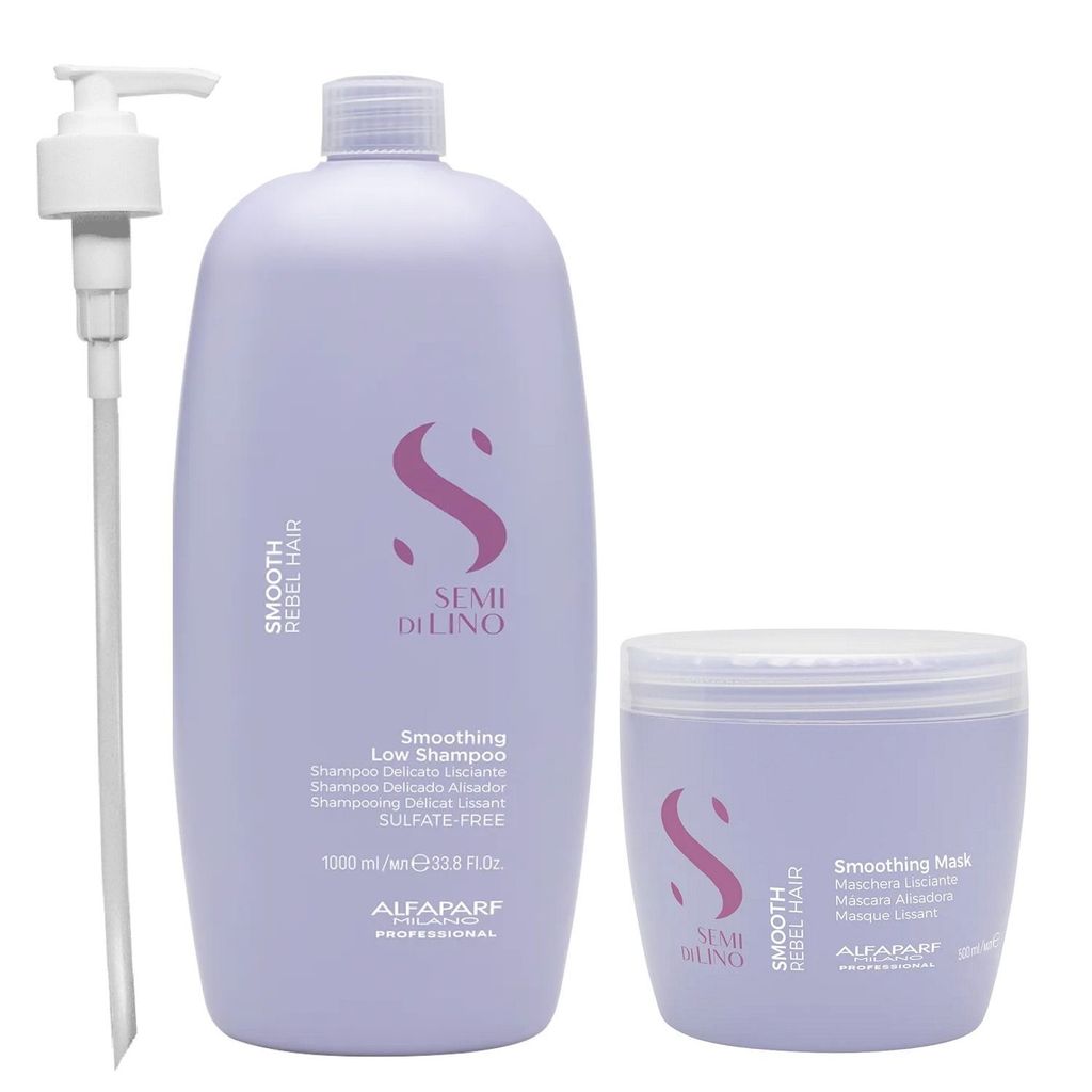 Kit Alfaparf Professional Semi Di Lino Smooth Smoothing - Shampoo 1L e Máscara 500ml + Válvula Pump