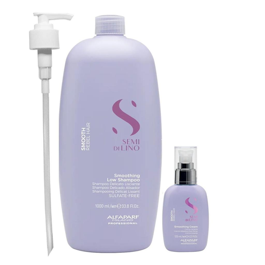 Kit Alfaparf Professional Semi Di Lino Smooth Smoothing - Shampoo 1L + Cream Leave-In 125ml + Válvula Pump