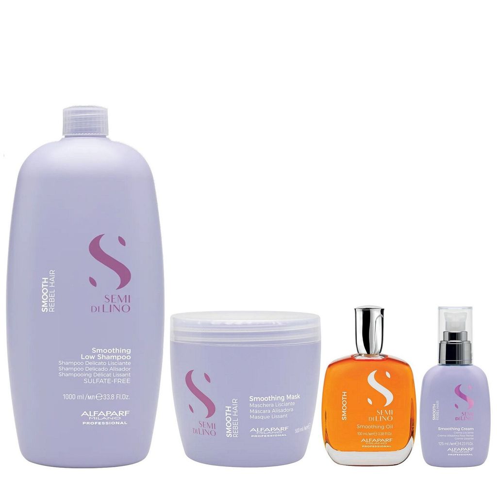 Kit Alfaparf Professional Semi Di Lino Smooth Smoothing - Shampoo 1L + Máscara 500ml + Óleo 100ml + Cream Leave-In 125ml