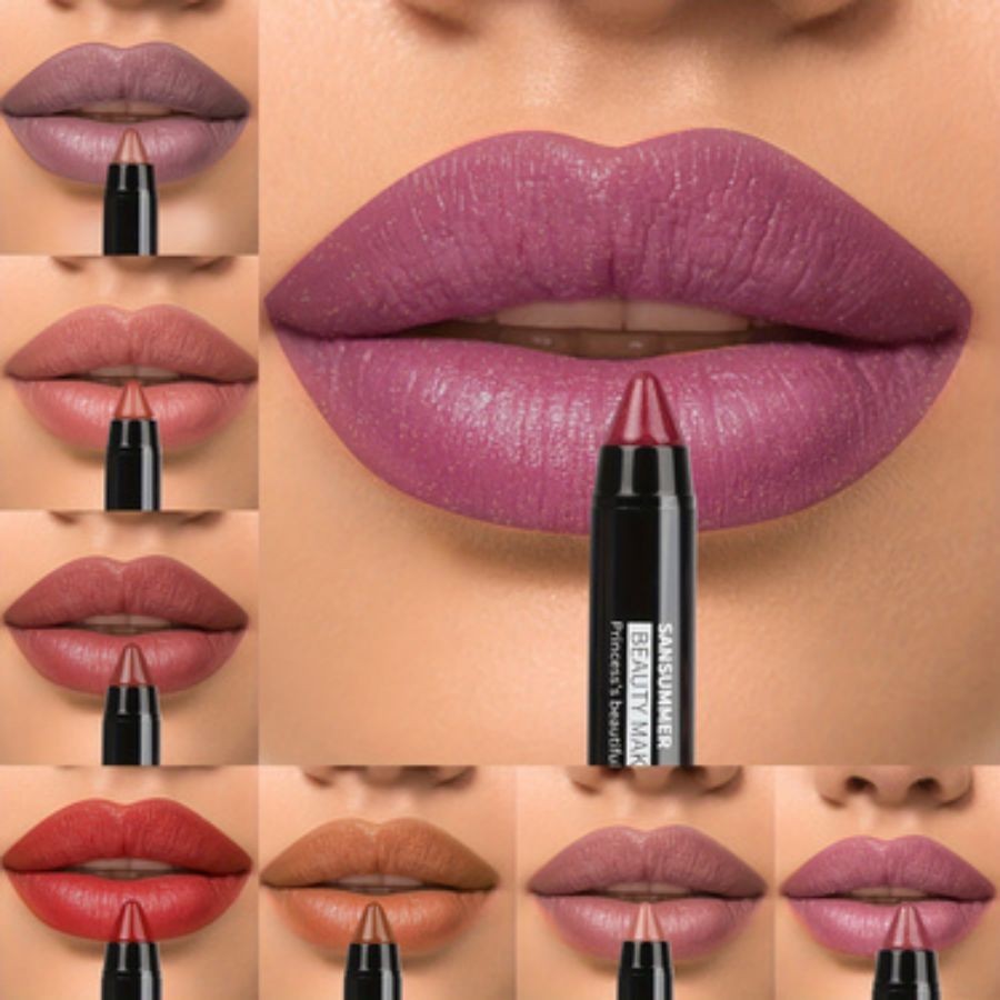 Batom De 8 Cores Hidratante-Long Lasting , Waterproof , Smooth , Sunscreen , Puff , Professional Maquiagem