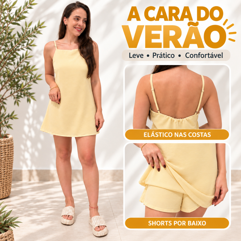 Vestido Curto Feminino Duna Macaquinho Com Shorts Regata Com Alça Regulavel Verao