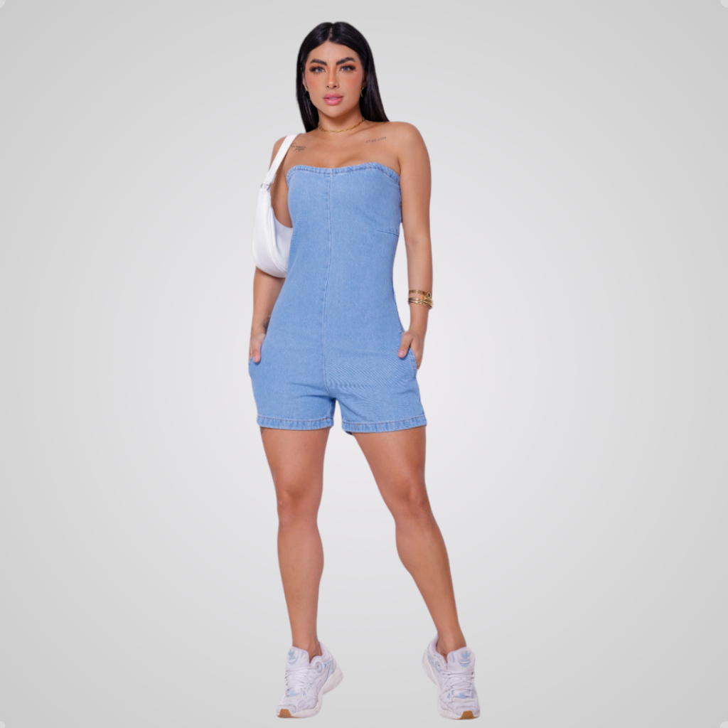 Jardineira Short Jeans Tomara Que Caia Ziper Bolso Moda Feminina