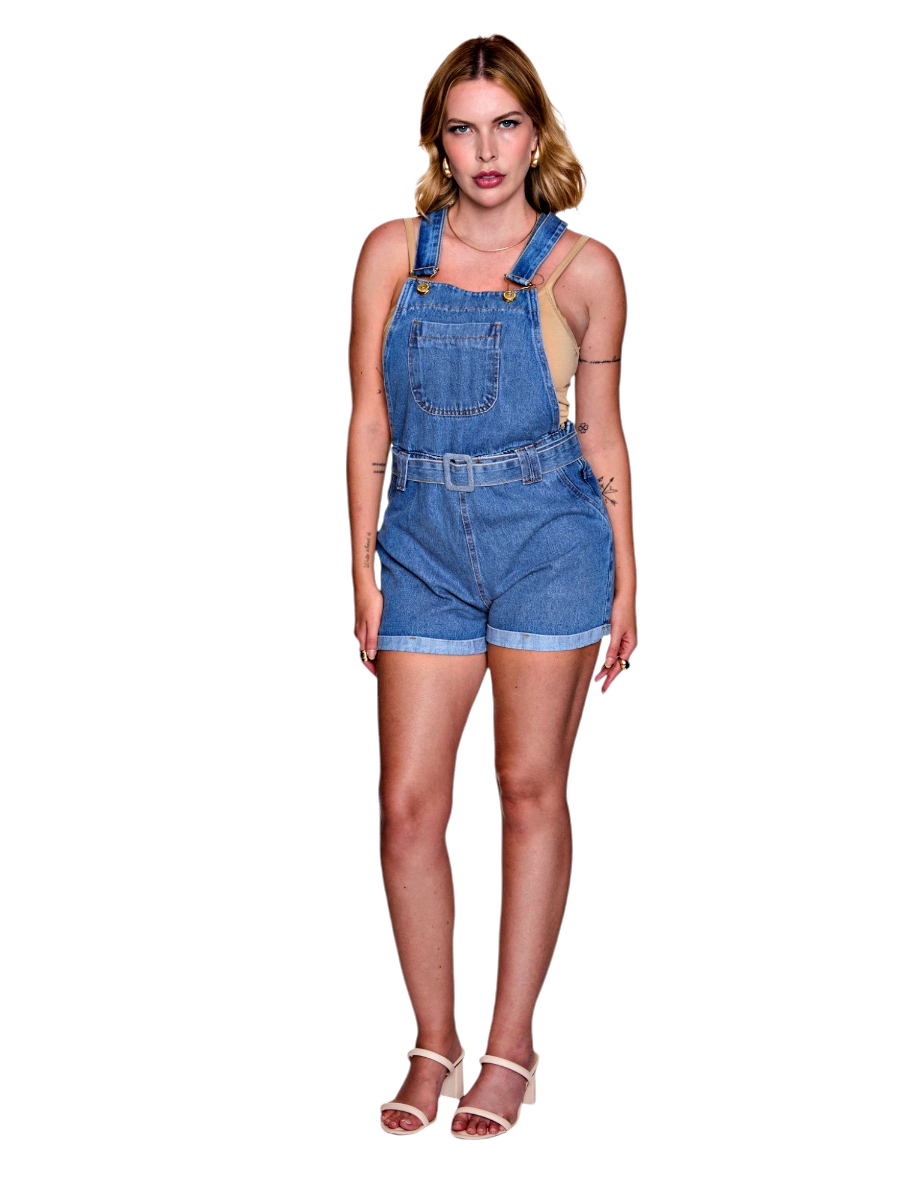 Jardineira Short Jeans Cinto Fivela Moda Feminina