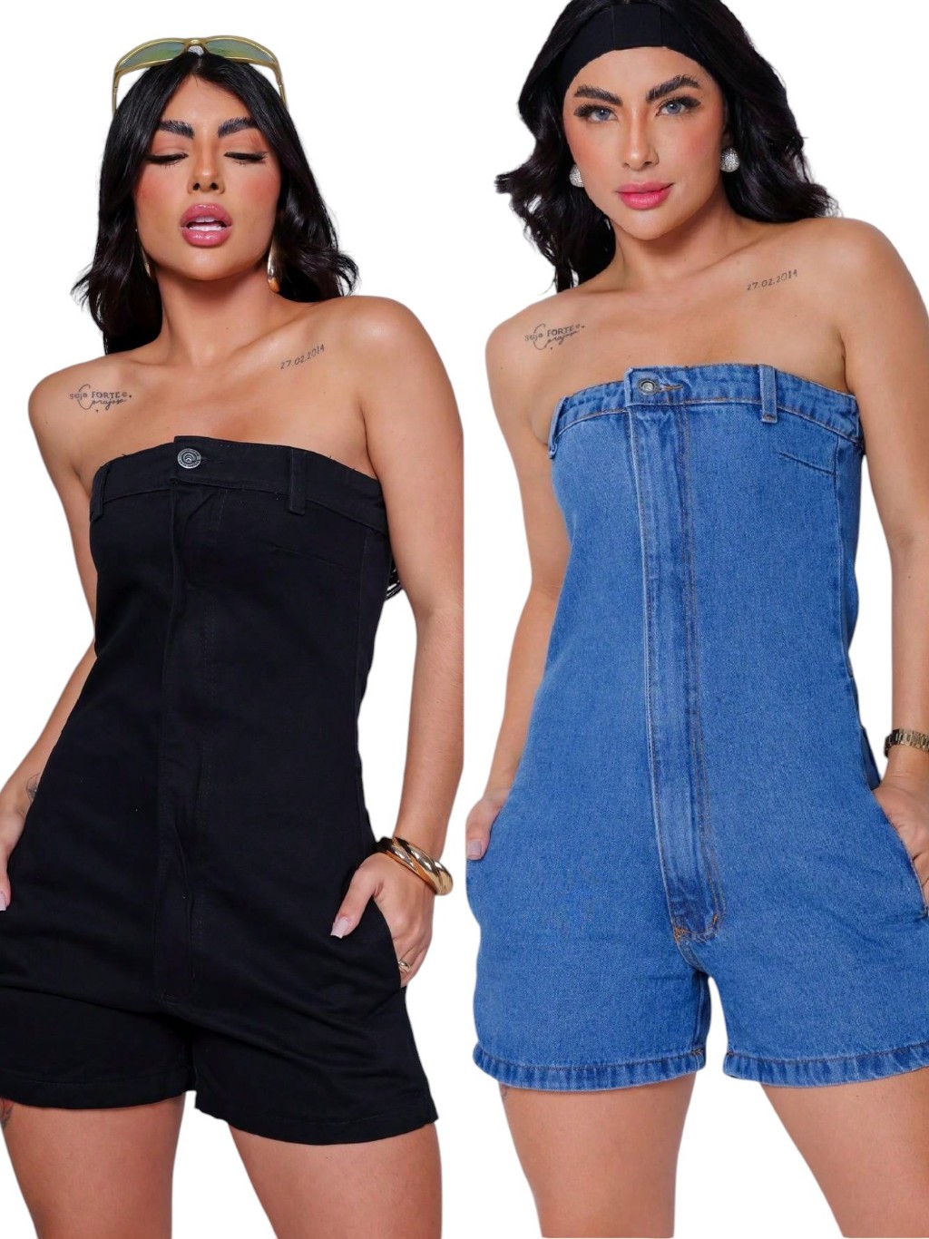 Kit 2 Macaquinho Jeans Jardineira Short Tomara Que Caia Zíper Botão Frontal Moda Feminina