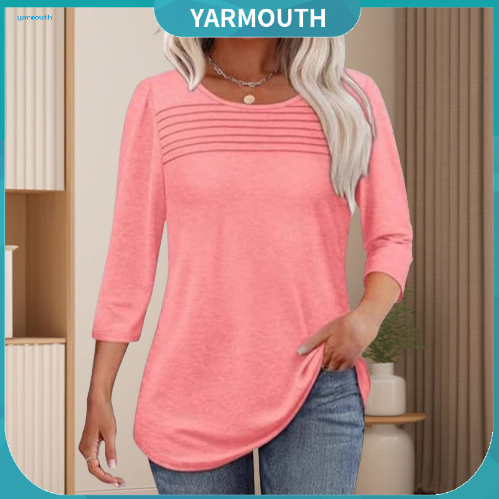 Ladies Wear Blouses Lightweight Women Tops Women’s Round Neck 3/4 Sleeve Pleated Blouse – Loose Fit T-shirt for Spri