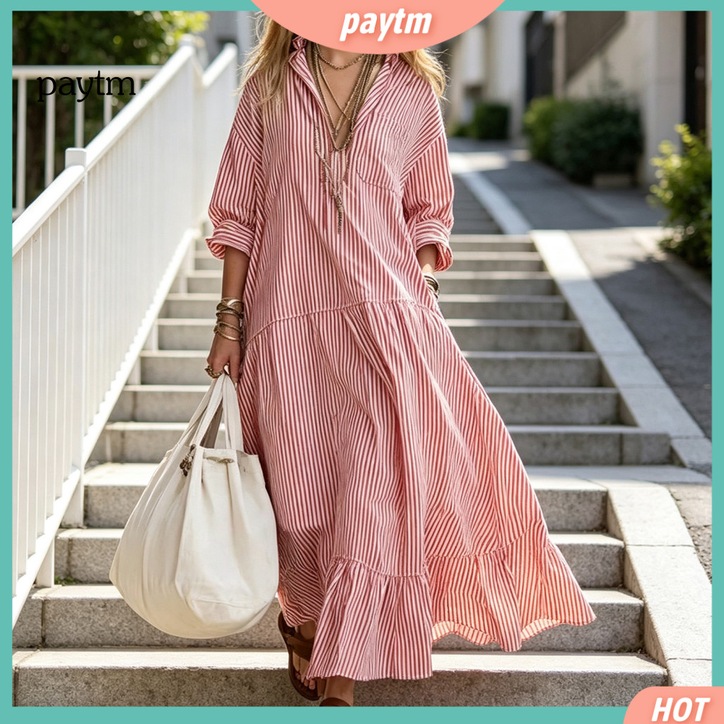 Retro Dress Ladies Striped Women’s Long Sleeve Maxi V-neck Loose Fit Shirt for Summer Autumn Breathable Lightweight Co