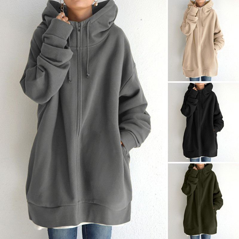 2024 Outono-Inverno Novo Estilo de Inverno Novo Estilo Único de Rua Ladies Sweatshirt Zipper Hooded Long Loose Casual Fleece Lin