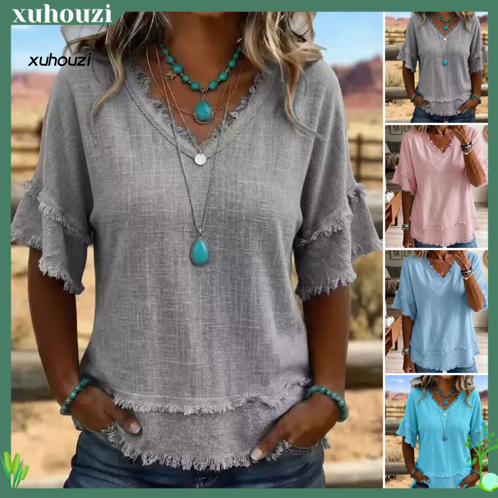 Relaxed Fit Ladies Top Lightweight Summer Women’s V-neck Half Sleeve T-shirt Loose with Fringe Trim Pure Color Blouse
