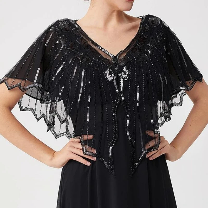 1920s Retro Beaded Sequin Flapper Shawl Loose Decoração Exterior Roupa Short Cape Evening Party Ladies Cloak PST02 #