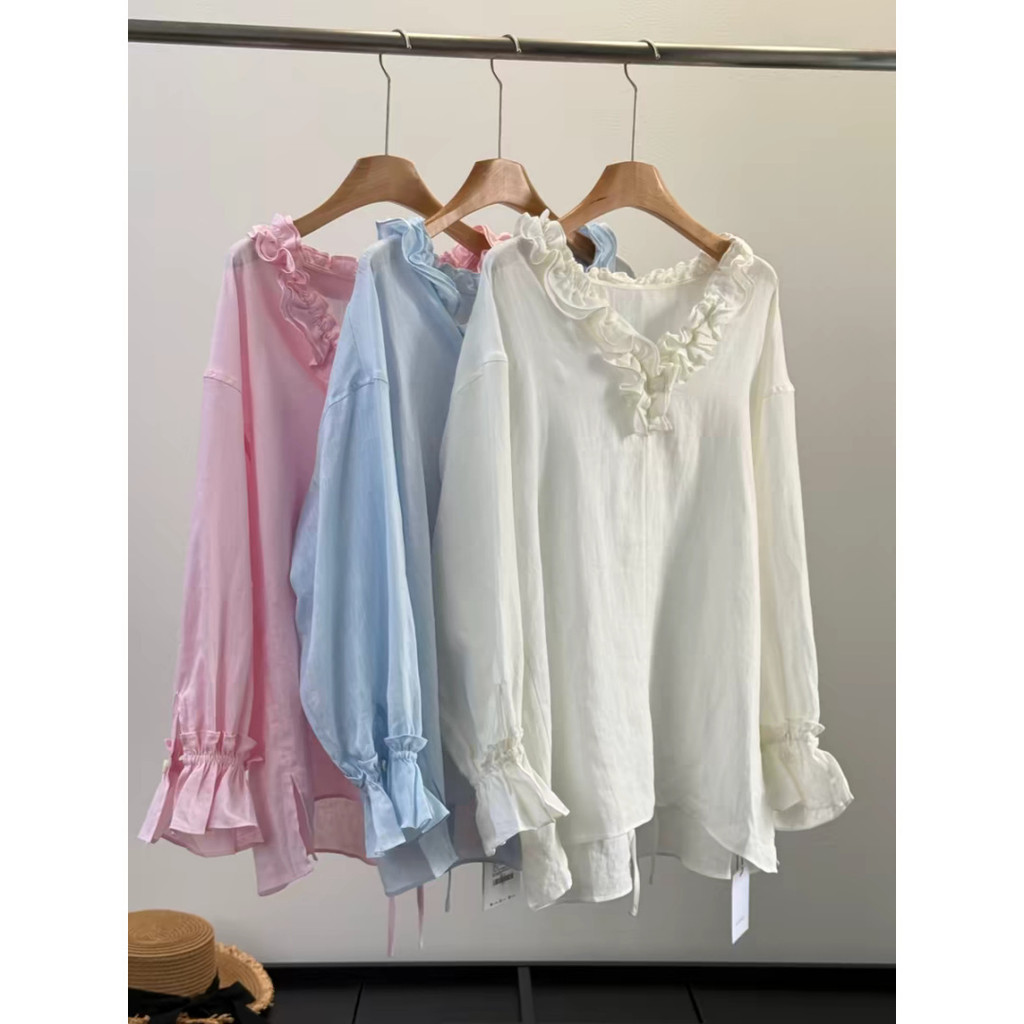 Romantic100%Linen handmade ruffle trim V Ladies' loose-fitting versatile shirt with tie collar