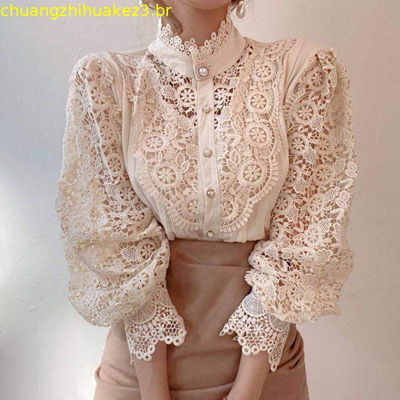 Csas De Verão Vintage Lace Blusa Para Mulheres Nova Csa De Algodão Coreana Botão Loose Tops Casual Feminina Ladies Blus
