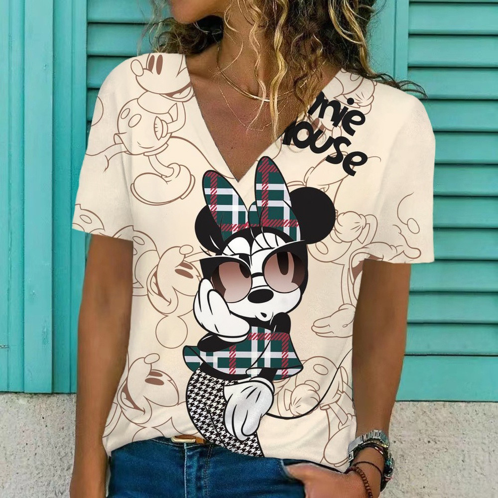 Camiseta Summer Disney Feminina Manga Curta V-Neck Minnie Mickey Mouse Print Tops Loose Ladies Tee