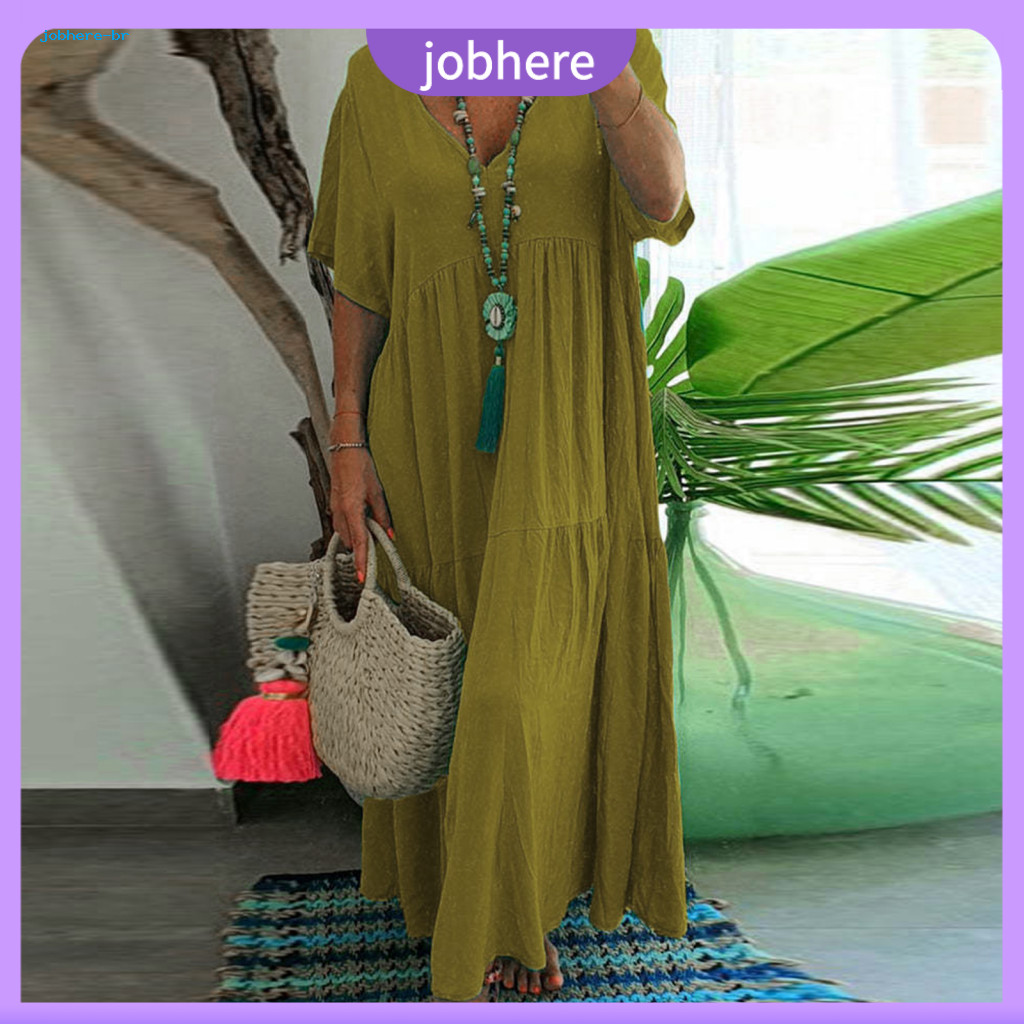 Soft Women Dress Ladies Women’s Summer Maxi V Neck Pleated Vintage Short Sleeve Patchwork Loose Fit Fabric Casual Beac