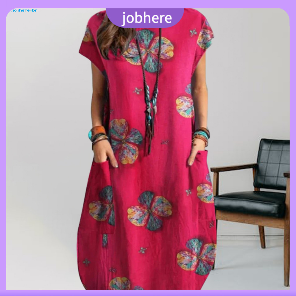 O-neck Short Sleeve Dress Ladies Cotton Linen Women’s Summer Retro Print Loose Fit with Pockets Lightweight Thin Wear