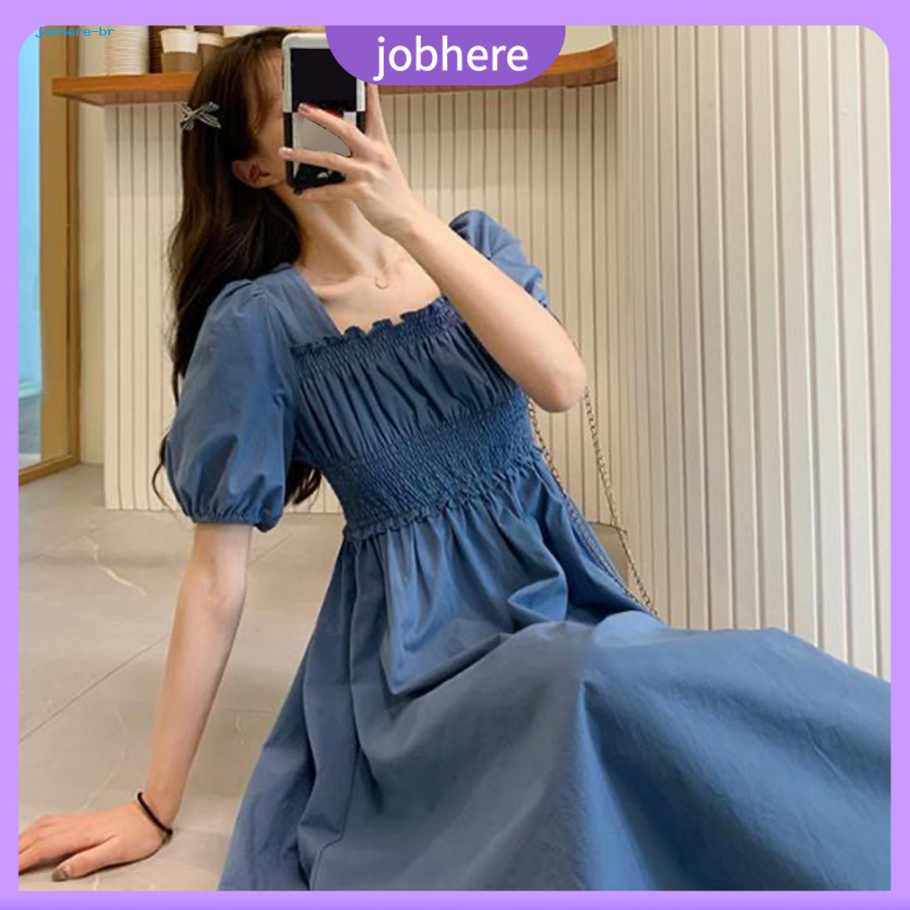 Loose Cut Women Summer Dress Ladies Midi Women’s Vintage Style Square Neck Bubble Sleeve Pleated Shirring Elastic Bust