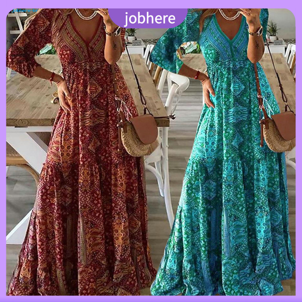 Three Quarter Sleeve Summer Dress Ladies Boho Print Bohemian Women’s Maxi Vintage V Neck High Waist Loose Hem Floor Le