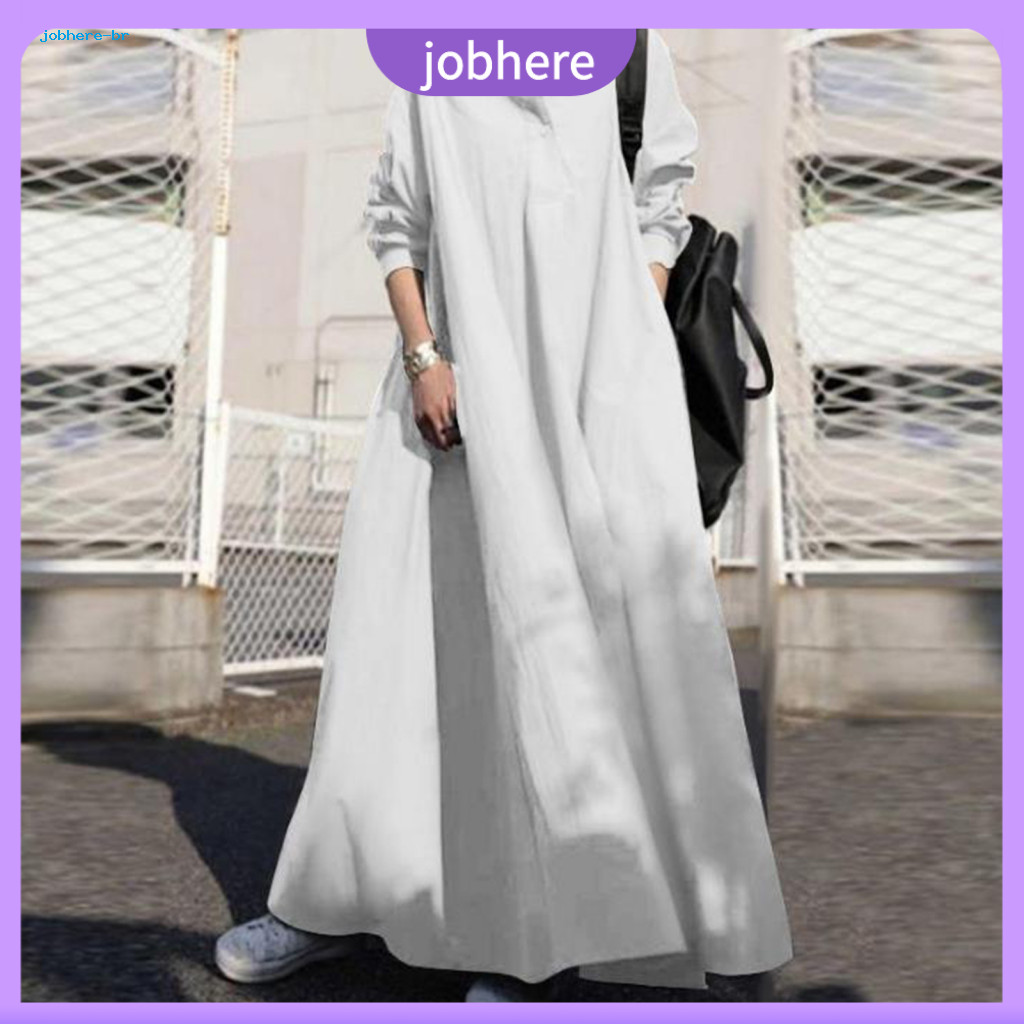 Ladies Cotton Linen Dress High Waist Maxi Women’s V-neck Long Sleeve Shirt Single Breasted Solid Color Loose Sundress