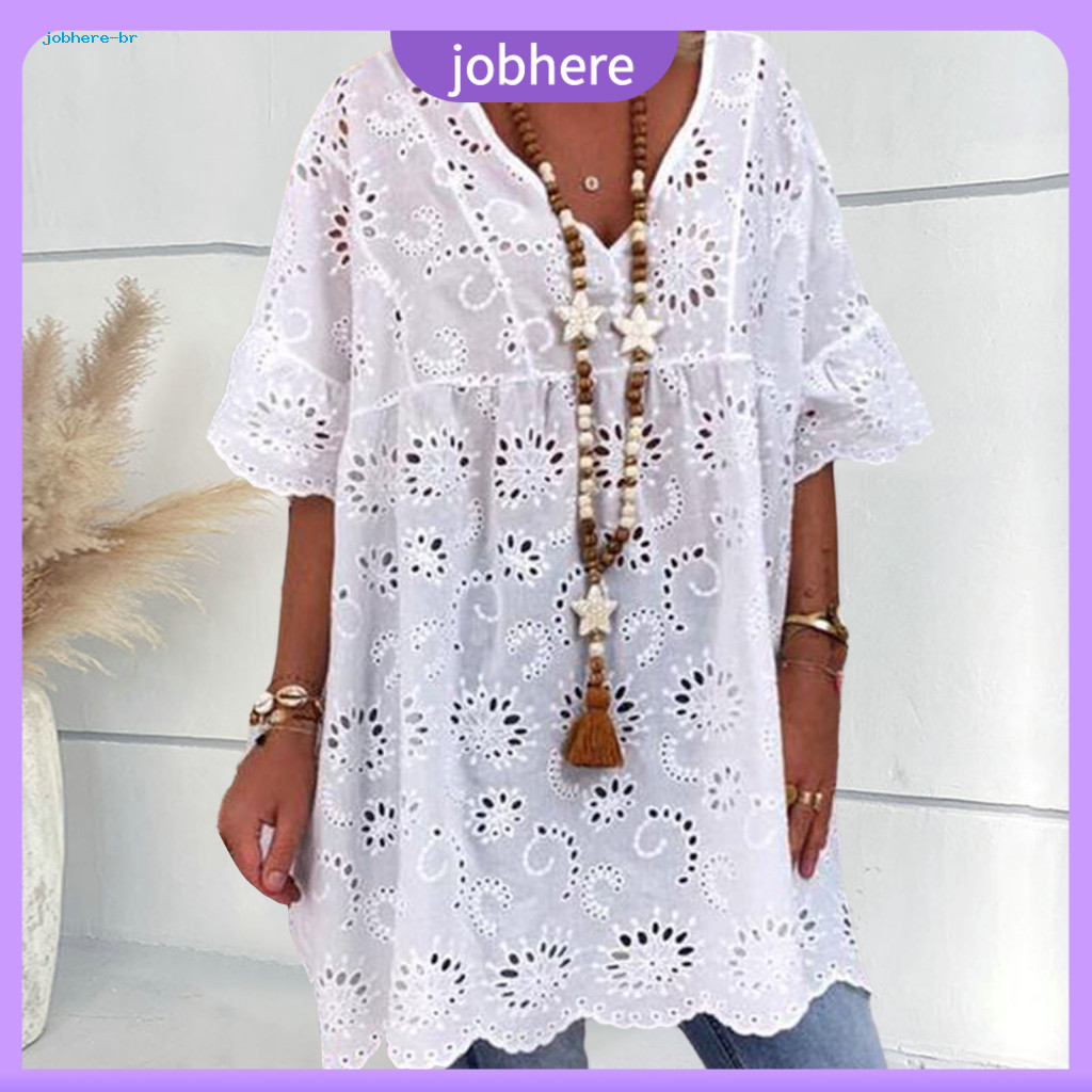 Ladies Dress Women Women’s Summer White Mini V-neck Hollow Out Embroidery Short Sleeve Ruffle Casual Loose Cover-up Be