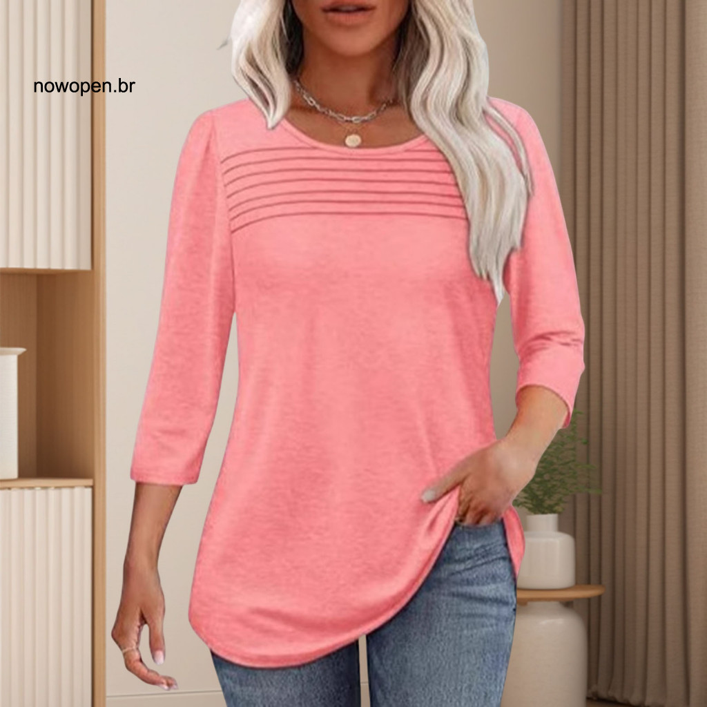 Curved Hem Ladies Shirts Business Shirt Women’s Round Neck 3/4 Sleeve Pleated Blouse – Loose Fit T-shirt for Spring