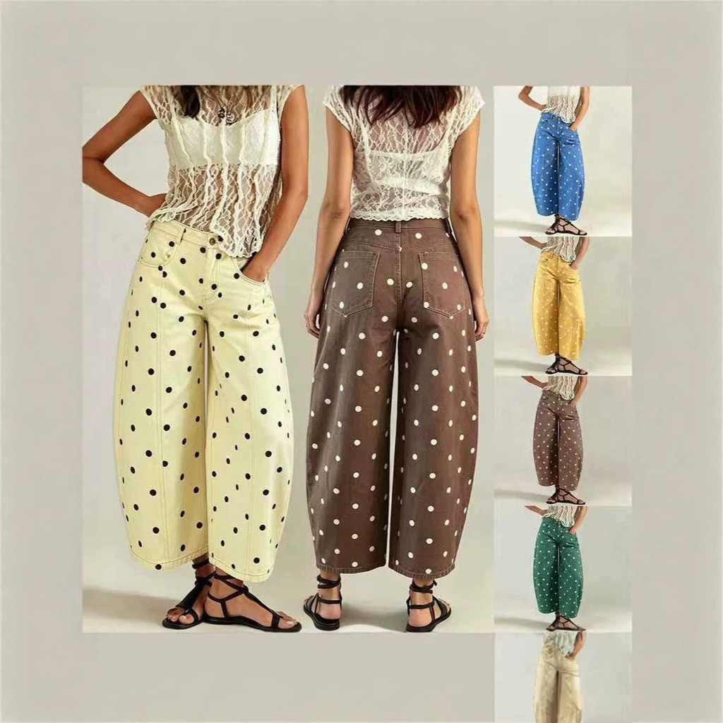 Polka Dot Ladies Loose Machete Casual Cintura Média Jeans Mulheres Polka Dot Cropped