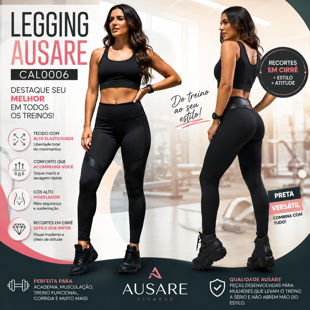 Calça Legging Feminina Ausare CAL0006 Preta Recortes Cirrê Academia Treino Fitness Musculação Corrida Caminhada Esportes