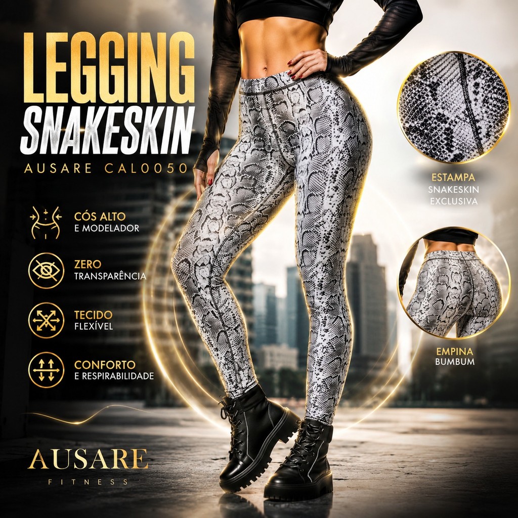 Legging Academia Ausare Snakeskin CAL0050 Feminina Cós Alto Fitness Treino Musculação Confortável Modelagem Ajustada Fit