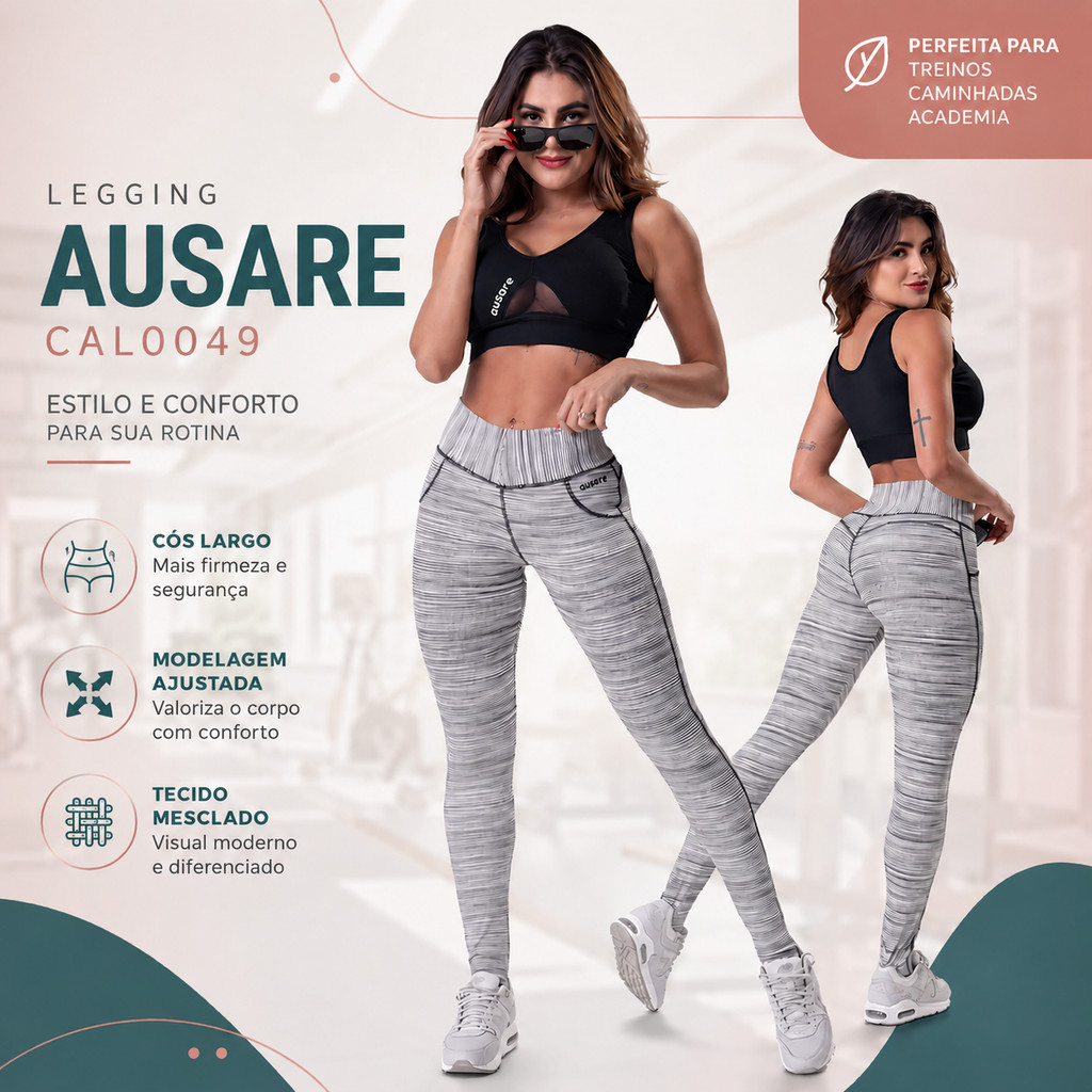 Legging Feminina Academia Ausare CAL0049 Fitness Estampada Cós Largo Para Treino Musculação Caminhada Corrida Exercícios
