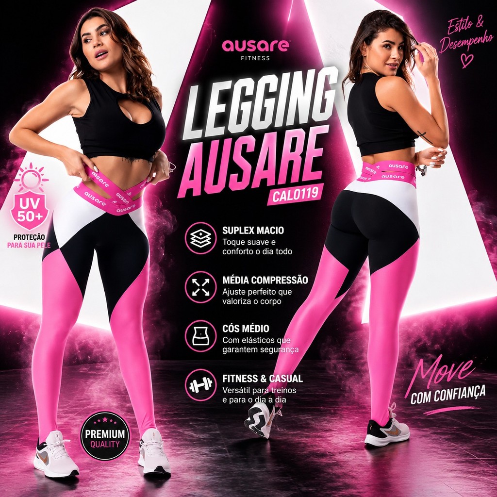 Calça Legging Academia Feminina Ausare CAL0119 Suplex UV50 Cós Médio Compressão FitTreino Corrida Casual Rosa Preto