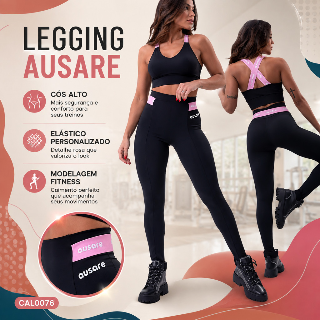 Legging Feminina Academia Ausare CAL0076 Preta Cós Alto Elástico Rosa Fitness Para Treino Musculação Exercícios Esportes