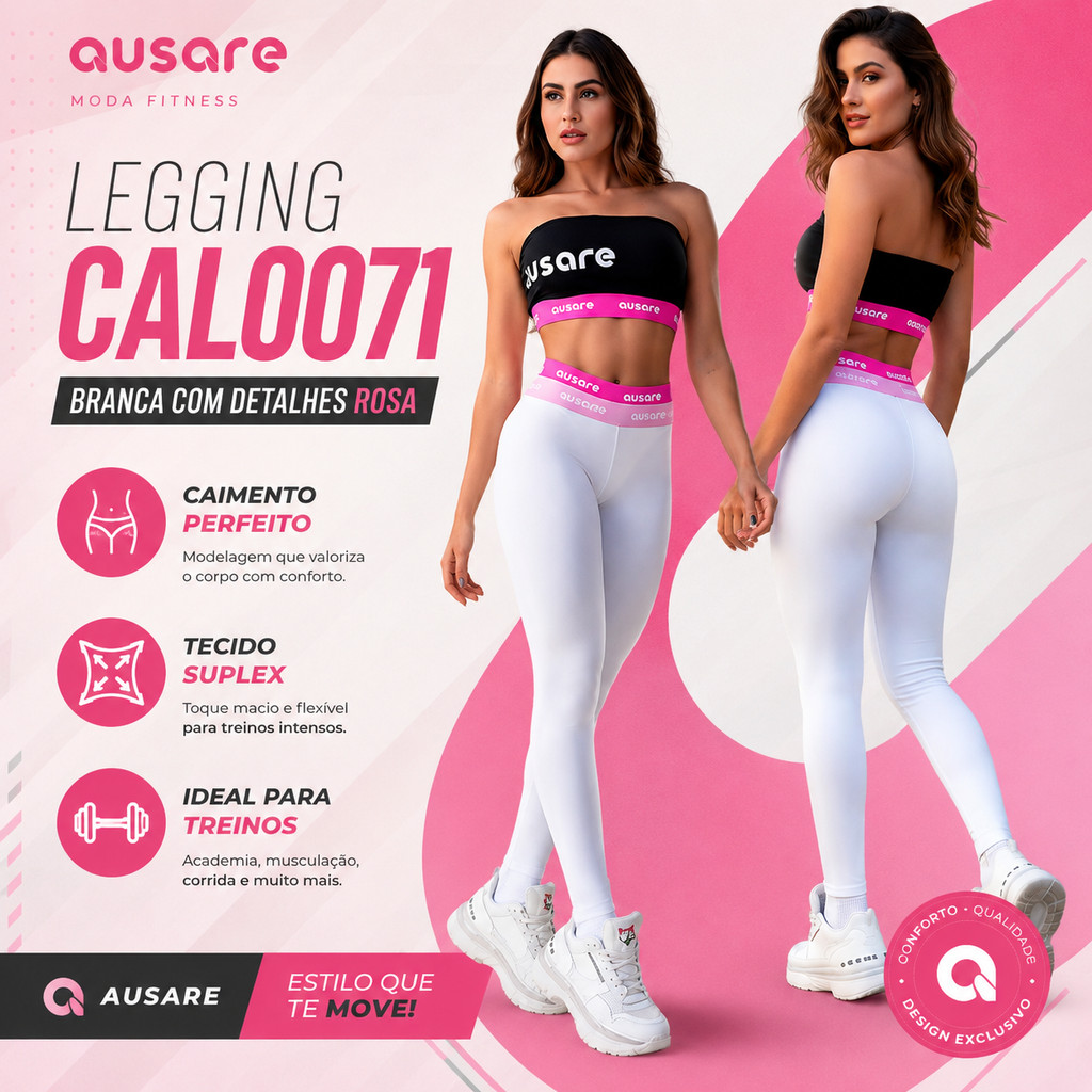 Legging Academia Feminina Ausare CAL0071 Branca Detalhes Rosa Poliamida Calça Fitness Treino Musculação Esportiva