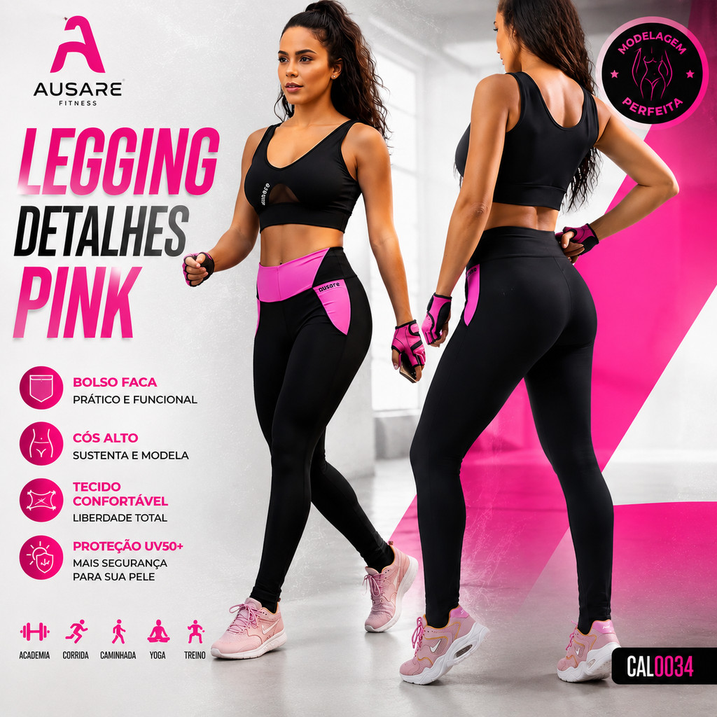 Legging Academia Feminina Ausare Cal0034 Detalhes Pink Bolso Faca Cós Alto Fitness Treino Corrida Caminhada Casual Yoga